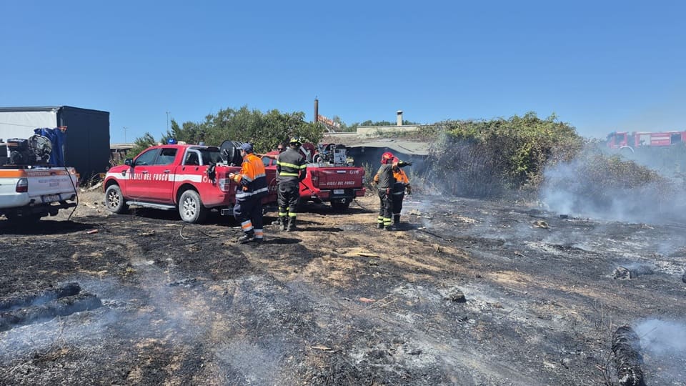 incendio pineta Castel Fusano 8 agosto 2026, i mezzi dei vigili del fuoco nella zona interessata dalle fiamme